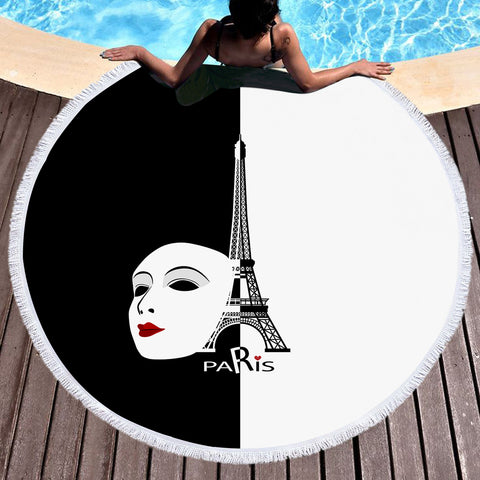 Image of B&W Paris Eiffel Tower Face Mask Red Lips SWST5448 Round Beach Towel