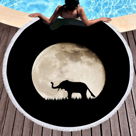 Image of Elephant Under The MoonLight SWST5451 Round Beach Towel