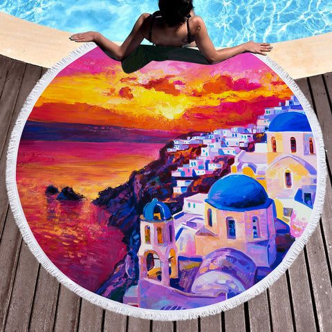 Image of Beautiful Sunset Watercolor Italia Landscape View SWST5475 Round Beach Towel