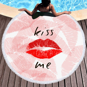 Kiss Me Red Lips Pink Theme SWST5476 Round Beach Towel