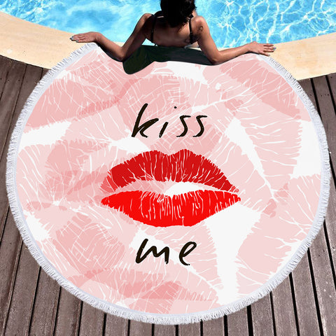 Image of Kiss Me Red Lips Pink Theme SWST5476 Round Beach Towel