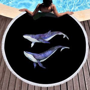 Double Galaxy Big Whales Black Theme SWST5477 Round Beach Towel