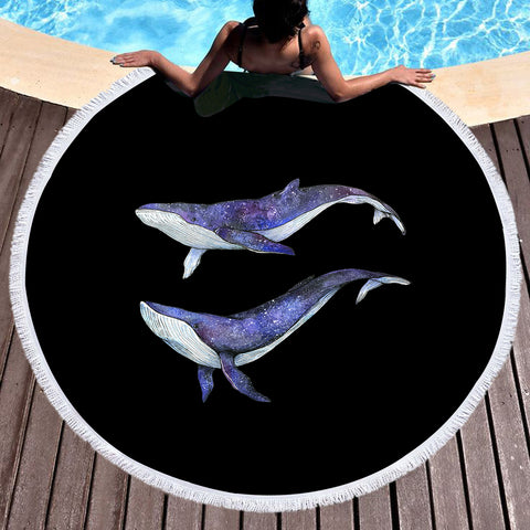 Image of Double Galaxy Big Whales Black Theme SWST5477 Round Beach Towel
