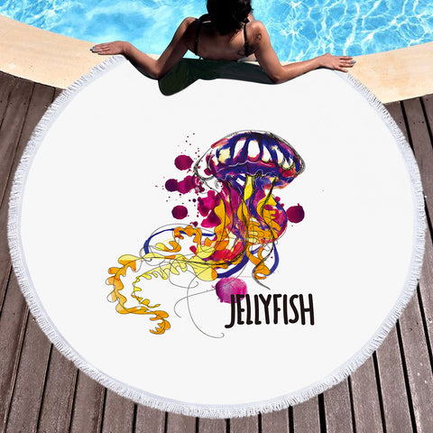 Image of Dark Purple Watercolor Brush Jellyfish SWST5483 Round Beach Towel
