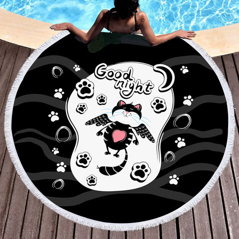 Image of Good Night Lovely Cat Black Theme SWST5484 Round Beach Towel