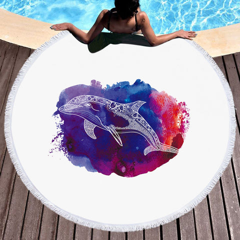 Image of Purple Brush Oil Splatter White Line Mandala Dolphin SWST5490 Round Beach Towel