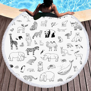 Multi Cute Line Art Animals SWST5492 Round Beach Towel