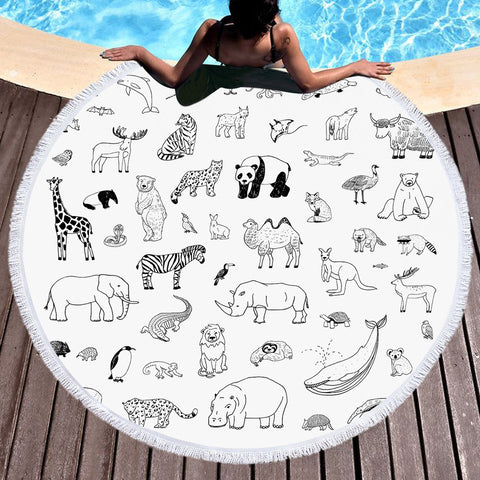 Image of Multi Cute Line Art Animals SWST5492 Round Beach Towel