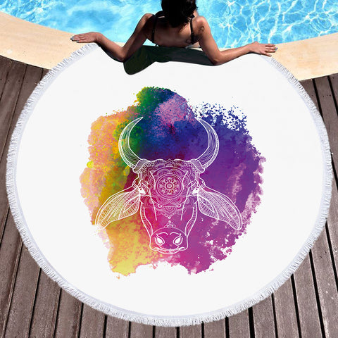 Image of Colorful Splatter Mandala Buffalo White Line SWST5497 Round Beach Towel