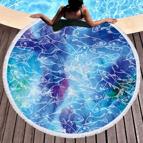 Image of Multi Small Fishes White Line Ocean Theme SWST5498 Round Beach Towel