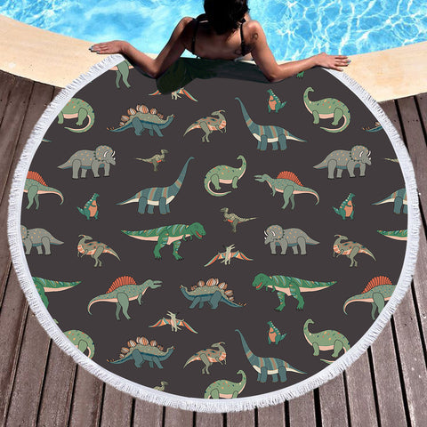 Image of Collection Of Dinosaurs Dark Grey Theme SWST5599 Round Beach Towel
