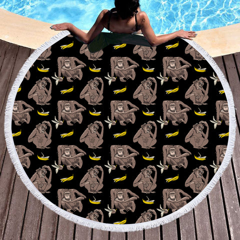 Image of Multi Monkeys & Bananas Black Theme SWST5601 Round Beach Towel