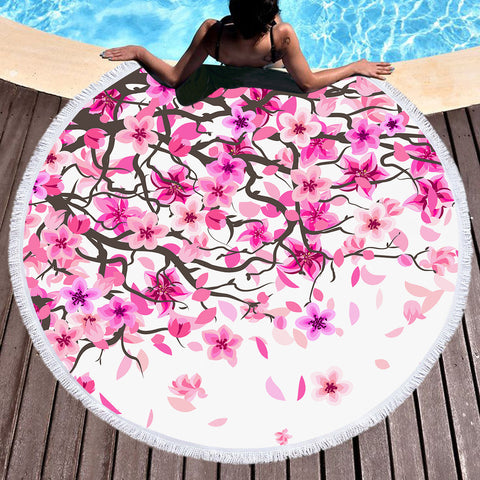 Image of Sakura Flower White Theme SWST5604 Round Beach Towel