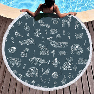 Collection Of Mandala Animals White Line SWST5608 Round Beach Towel