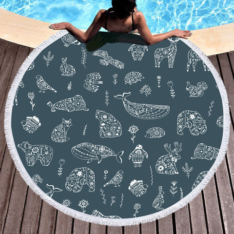 Image of Collection Of Mandala Animals White Line SWST5608 Round Beach Towel