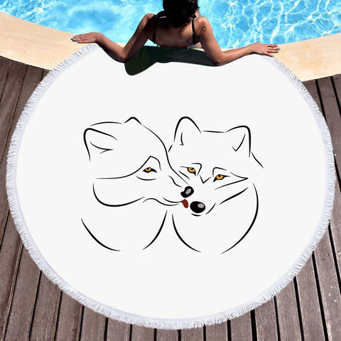 Image of Couple Black Line Yellow Eyes Wolves White Theme SWST5611 Round Beach Towel
