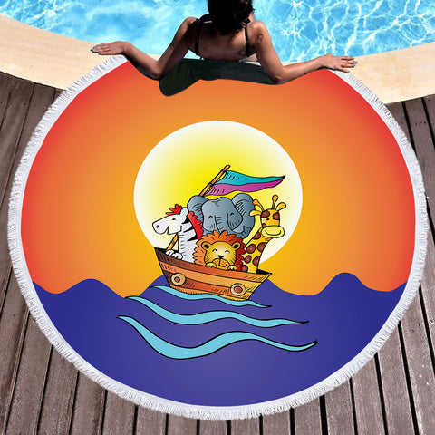 Image of Animals On Boat Under The Sun SWST5613 Round Beach Towel