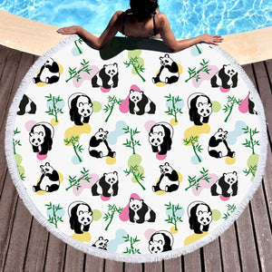 Multi Pandas & Bamboo Trees - White Pastel Theme SWST5615 Round Beach Towel