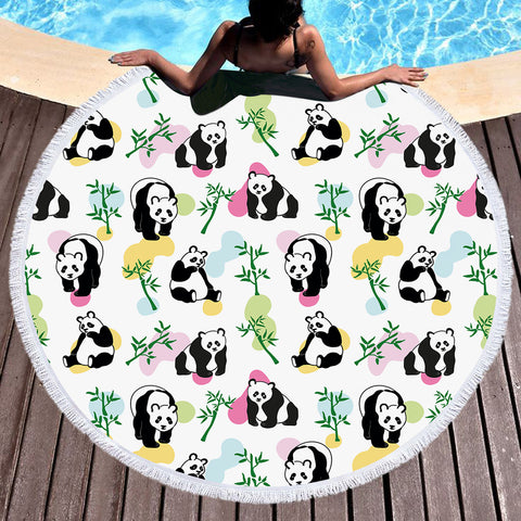 Image of Multi Pandas & Bamboo Trees - White Pastel Theme SWST5615 Round Beach Towel