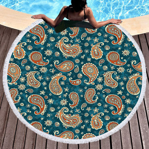 Image of Vintage Brown & Green Bandana Pattern SWST5617 Round Beach Towel