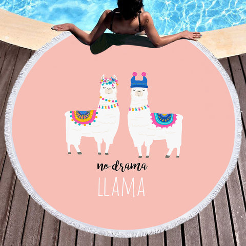 Image of Cute Pastel Couple Llama - No Drama SWST5620 Round Beach Towel