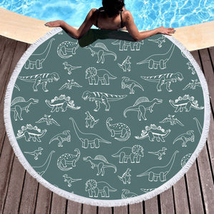 White Line Collection Of Dinosaur - Mint Theme SWST5626 Round Beach Towel