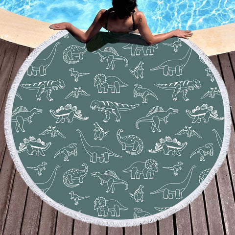 Image of White Line Collection Of Dinosaur - Mint Theme SWST5626 Round Beach Towel