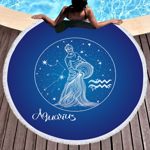 Image of Aquarius Sign Blue Theme SWST6108 Round Beach Towel