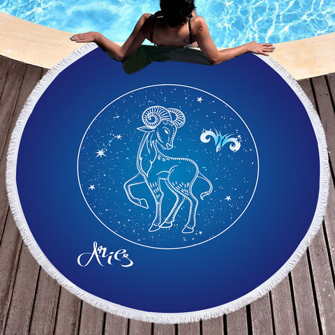Image of Aries Sign Blue Theme SWST6114 Round Beach Towel