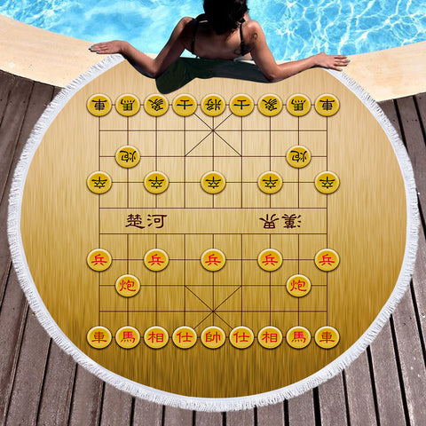 Image of Chinese Chess Xiangqi Wood Theme SWST6119 Round Beach Towel
