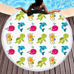 Colorful Cute Tiny Marine Creatures White Theme SWST6121 Round Beach Towel
