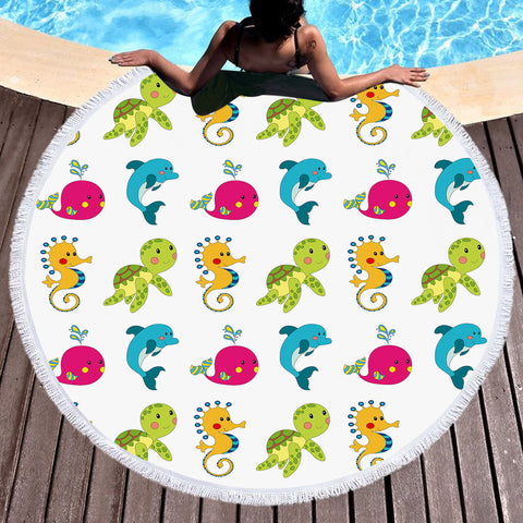 Image of Colorful Cute Tiny Marine Creatures White Theme SWST6121 Round Beach Towel
