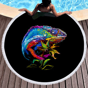Colorful Iguana Black Theme SWST6125 Round Beach Towel