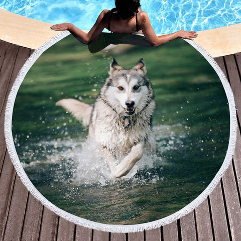 Image of Running White Wolf On River SWST6136 Round Beach Towel