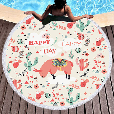 Image of Happy Day Pink Llama SWST6198 Round Beach Towel