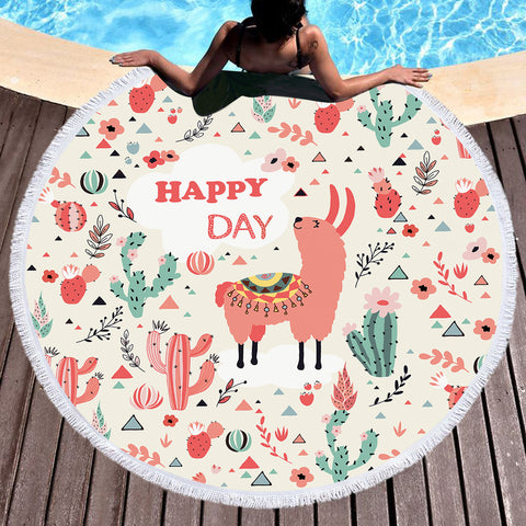 Image of Pink Llama Happy Day SWST6199 Round Beach Towel