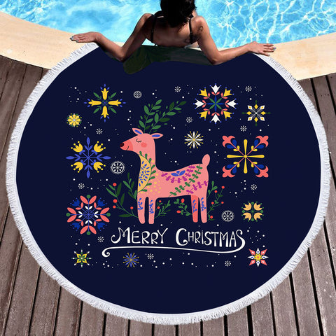 Image of Merry Christmas Pink Floral Reindeer SWST6203 Round Beach Towel