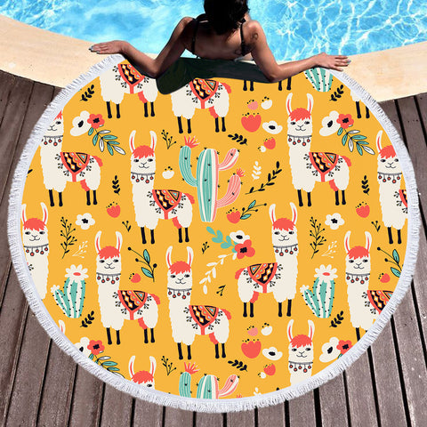 Image of White Llama & Cactus Collection SWST6207 Round Beach Towel