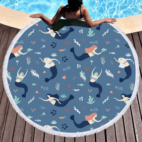 Image of Cute Mermaid Collection Blue Theme SWST6208 Round Beach Towel