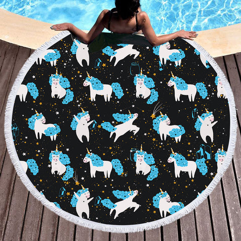 Image of Galaxy Blue Hair Unicorn Collection SWST6218 Round Beach Towel