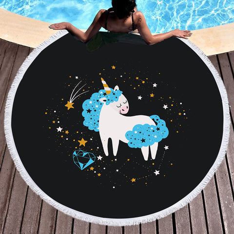 Image of Cute Blue Hair Unicorn Galaxy Theme SWST6220 Round Beach Towel