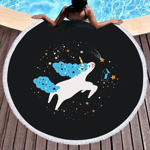 Image of Flying Cute Blue Hair Unicorn In Universe SWST6222 Round Beach Towel