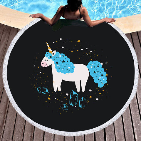 Image of Happy Blue Hair Unicorn Among Stars SWST6223 Round Beach Towel