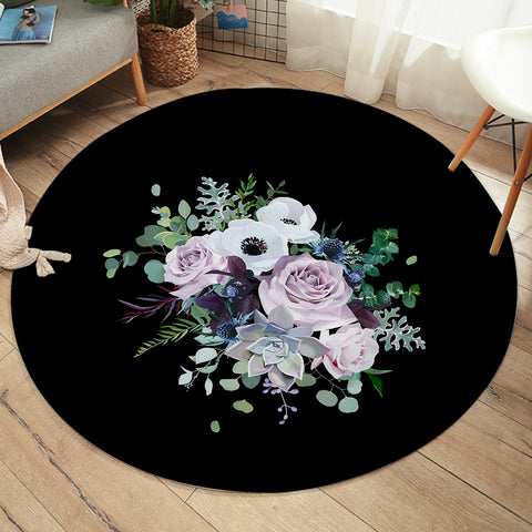 Image of Purple Flowers On Black White SWYD3700 Round Rug