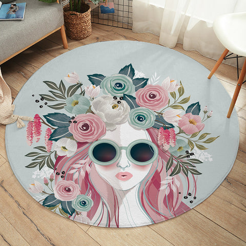 Image of Pretty Floral Girl Illustration SWYD3748  Round Rug