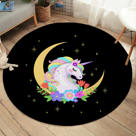 Image of Cute Half Moon Cartoon Unicorn SWYD3762 Round Rug