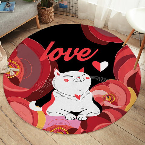 Image of Love White Cat Red Theme Japan Art SWYD3881 Round Rug