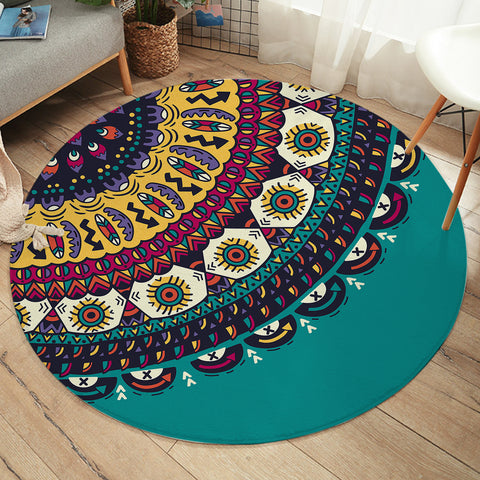 Image of Colorful Geometric Cartoon Mandala Turquoise Theme SWYD4098 Round Rug