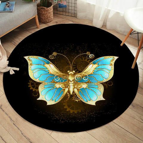 Image of Golden Satin Blue Butterfly SWYD4113 Round Rug