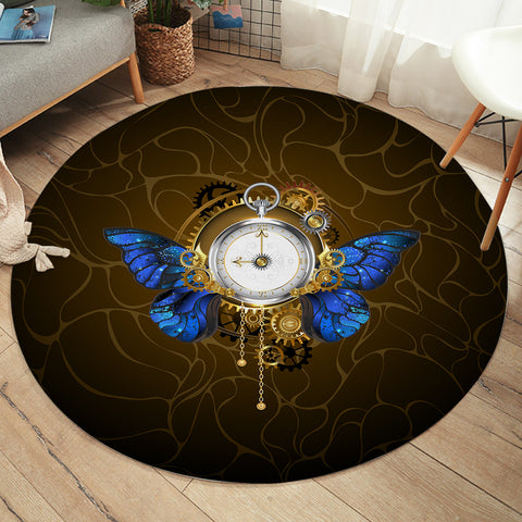 Image of Vintage Golden Clock Blue Butterfly  SWYD4122 Round Rug